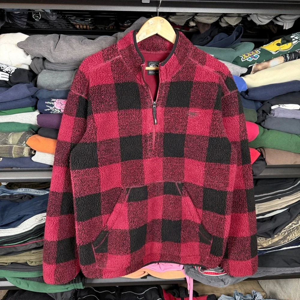 Quiksilver Men's Red‎ Black Buffalo Plaid Sherpa Fleece Pullover Jacket M